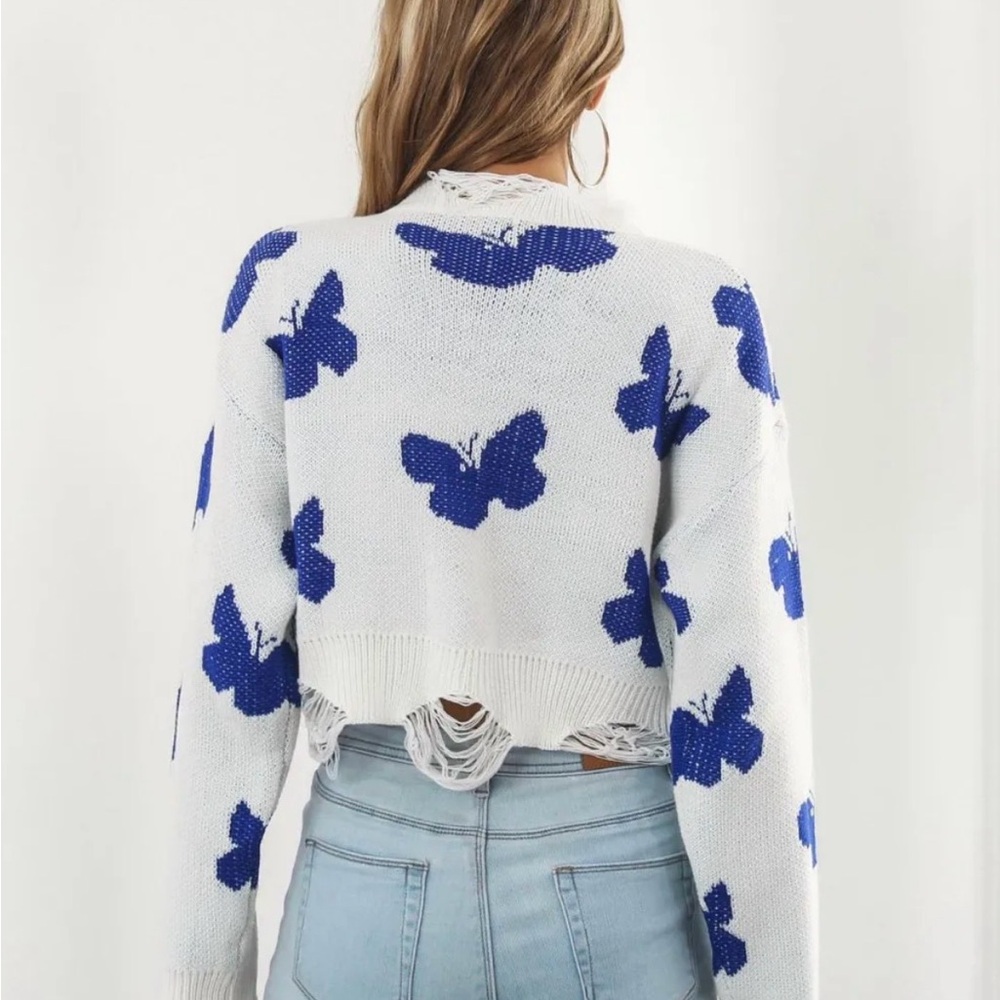 Blue Butterfly Pattern Distressed Sweater - Picture 2 of 3
